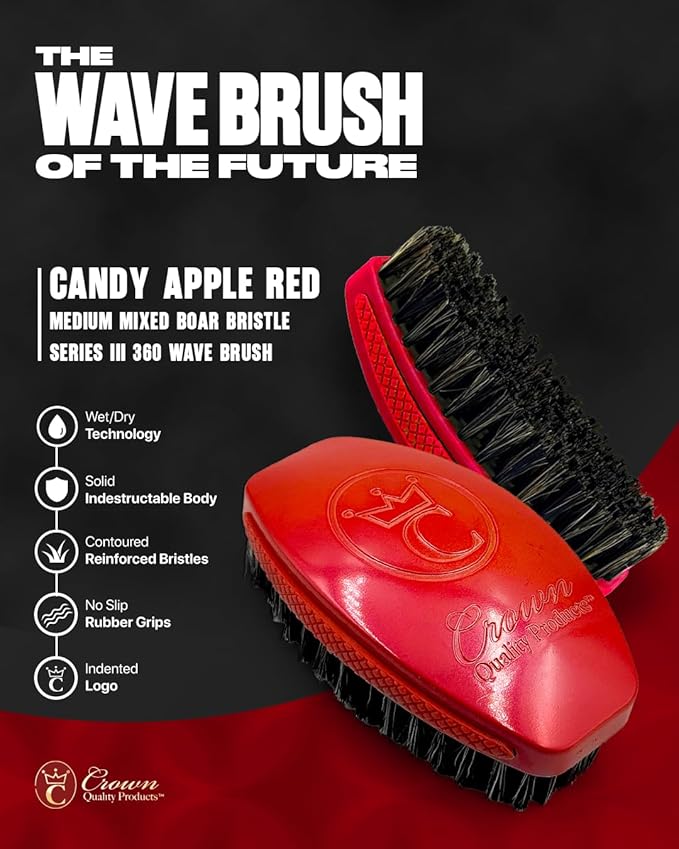 Crown Quality Products 360 Sport Wave Caesar 2.0 Boar Bristle Hairbrush, Medium, Triple Candy Apple Red - Non-Slip Grip, Waterproof Design - The Ultimate 360 Wave Brush