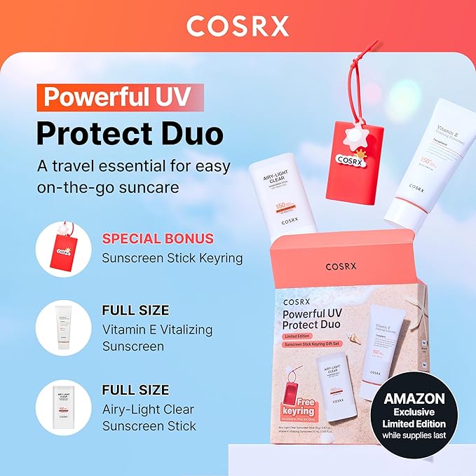 COSRX Vitamin E Sunscreen & Airy Light Clear Sunscreen Stick with Free Keyring, Amazon Exclusive, Korean Sunscreen, Beach Essentials, Summer Travel Essentials, Korean Skin Care Set
