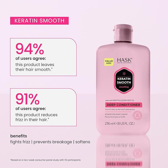HASK Keratin Smoothing Deep Conditioner Treatment for all hair types, color safe, gluten free, sulfate free, paraben free - 8 Fl Oz