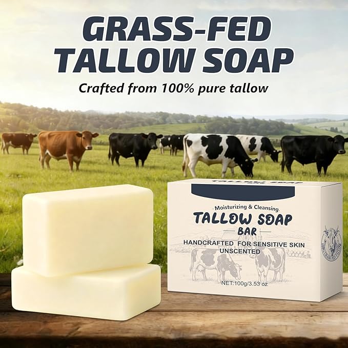 Beef Tallow Soap for Skin, All Natural Grass Fed Tallow Soap Bar, Moisturizes, Soothes, Hydrates Face & Body Wash for All Skin Types, Organic Handmade Bath Soap for Women Men - 2 Pack