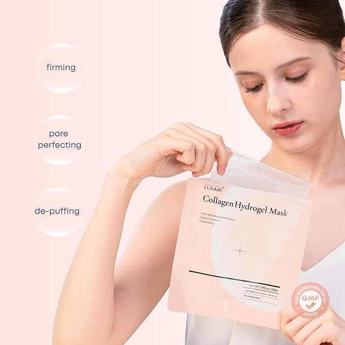 Lunair Collagen Hydrogel Face Mask with Microhole Technology – Firming, Hydrating & Brightening Sheet Mask for Glass Skin, Plumps & Boosts Elasticity (5 Sheets)