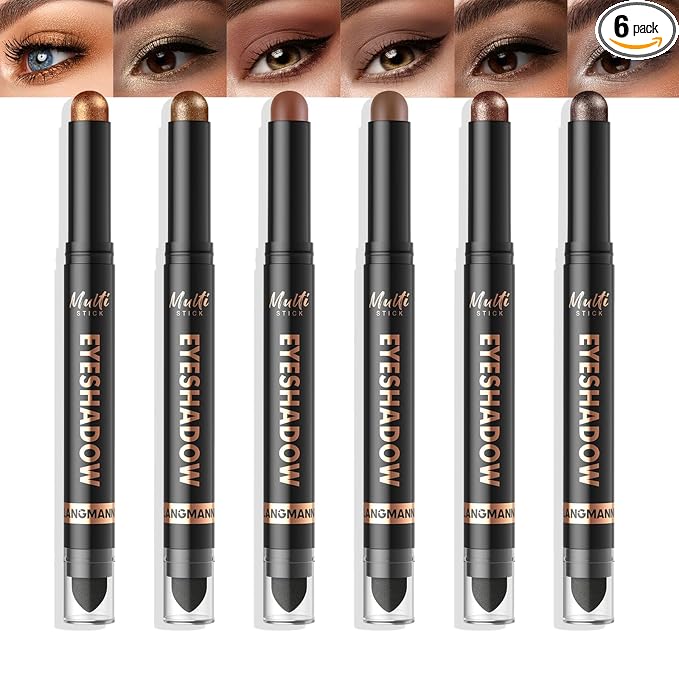 LANGMANNI 6Colors Dual-Ended Cream Eyeshadow Stick Set – Silky Smooth, Waterproof & Transfer-Proof, Built-in Blender Brush, All-Day Matte & Shimmer Wear Eye Makeup(#11+12+13+14+15+16)