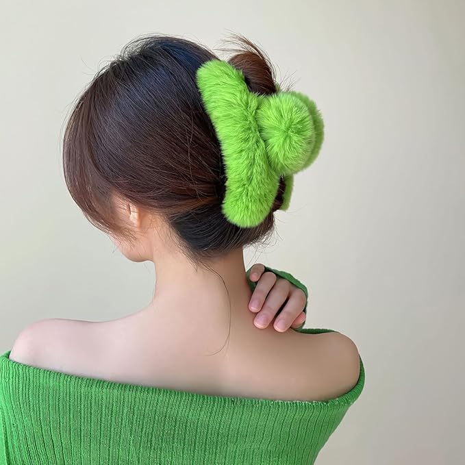 YOYLMAL Large Faux Fur Hair Claw Clip for Women, 5.1 Inches Winter Fluffy Fuzzy Hair Clips, Nonslip Strong Hold Furry Big Jaw Clamp for Thick Long Hair (Light Green)