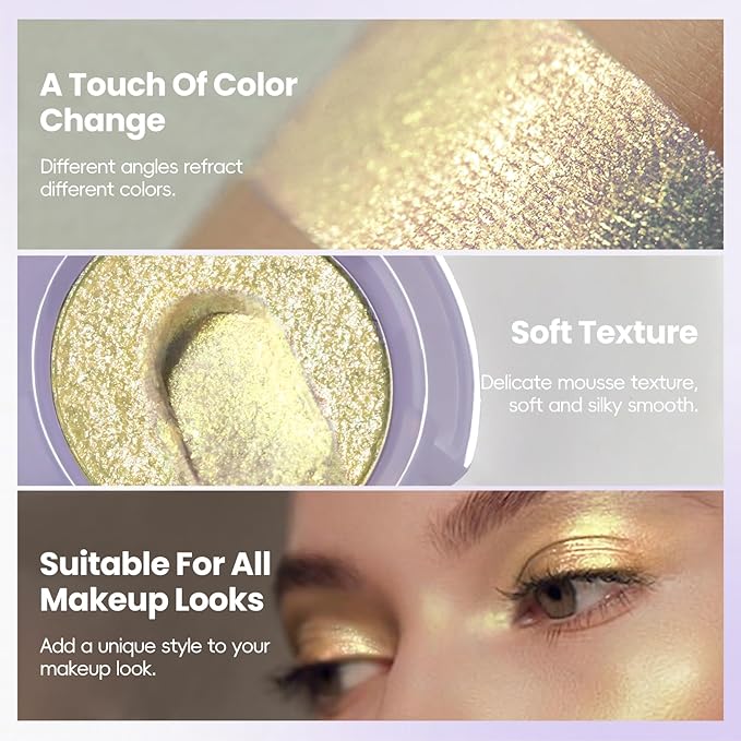 HOSAILY Holographic Champagne Gold Glitter Eyeshadow, Multichrome Shimmer Color Shifting Single Eyeshadow, Chameleon Metallic Iridescent Eye Shadow Palette Bouncy Texture Fairy Highlighter Makeup #4
