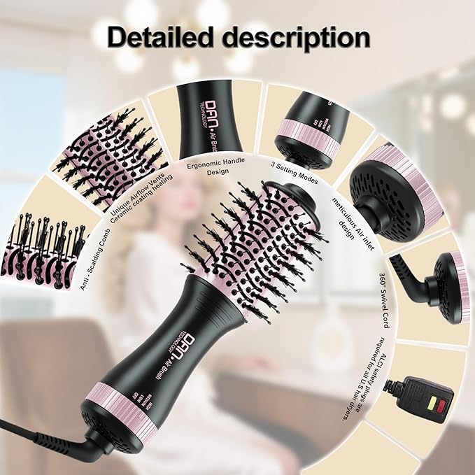 DAN (100V-240V) Auto Dual Voltage Hair Dryer Brush,Travel Hair Dryer Brush with Multi-Function Plug Adapter,Mini Blow Dryer Brush for Home and International Travel
