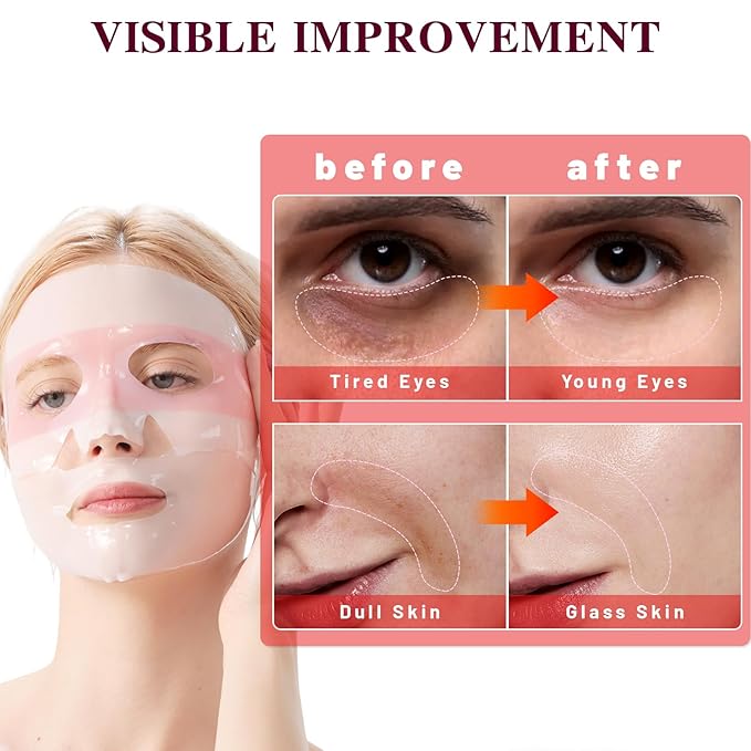 2-in-1 Collagen Face Mask with Integrated Eye Patches, Anti-Aging Overnight Hydrogel Mask for Glass Skin Glow, Red Ginseng & Peptides for Firming & Hydration, 4 Sheets (Pink)