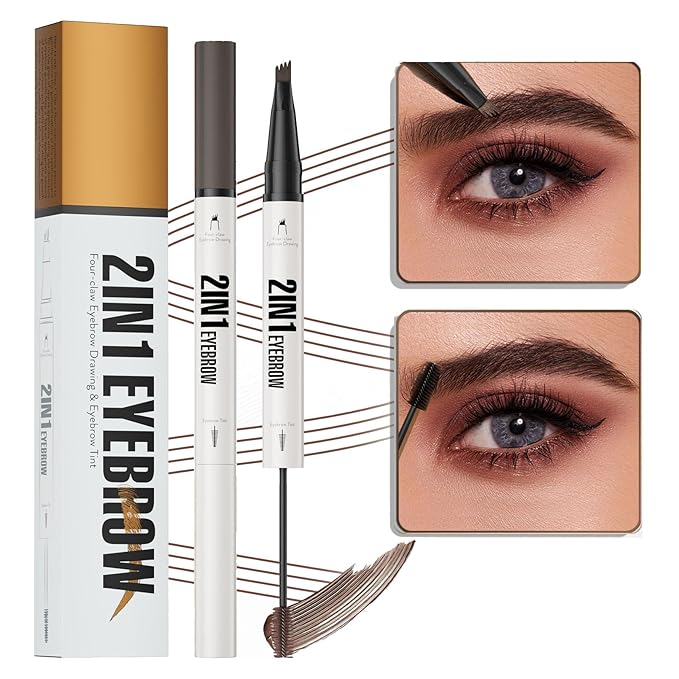 2-in-1 Eyebrow Pencil & Tinted Brow Gel - Dual-Ended Microblading Pen with 4-Fork Tip, Waterproof, Smudge-Proof for Natural Hair-Like Brows, Long Lasting 24H (Dark Brown)