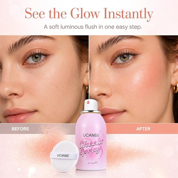 UCANBE Blush Spray with Puff, Hydrating Liquid Blush Mist for Cheeks - Soft Pigmented Buildable Blendable Breathable Blush, Healthy Dewy Glow Finish, Talc-Free, 04 Golden Melon (1.16 oz)