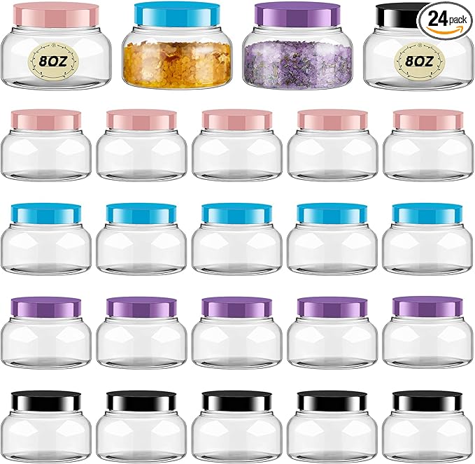 Tessco for you 24 Pack Plastic Jars with Lids Labels Multiuse Slime Containers Empty Body Scrub Jars Round Refillable Cosmetic Body Butter Container for Makeup (8 oz,Multicolor)