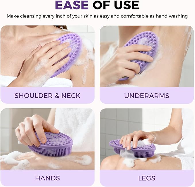 2 Pack Silicone Body Scrubber, Exfoliating Silicone Shower Scrubber for Body, Gentle 2 in 1 Silicone Loofah Alternative for Women Men, Dual-Sided Soft Bath Scrubber for All Skin, Black+Purple