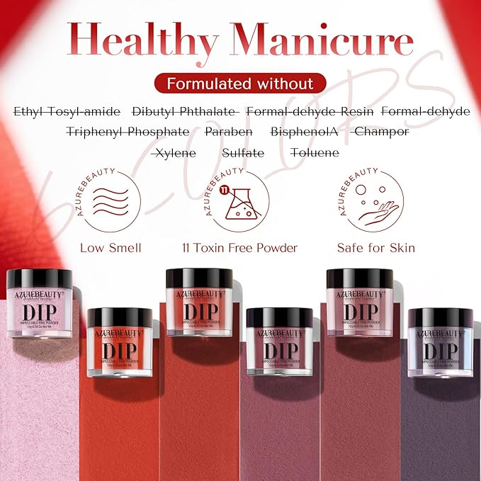 AZUREBEAUTY Dip Powder, Red Glitter 6 Colors Dipping Powder Starter Kit with Heart-Shaped Sequins French Nail Art Manicure DIY Salon Valentine's Day Gift for Women, No Need Nail Lamp Cured