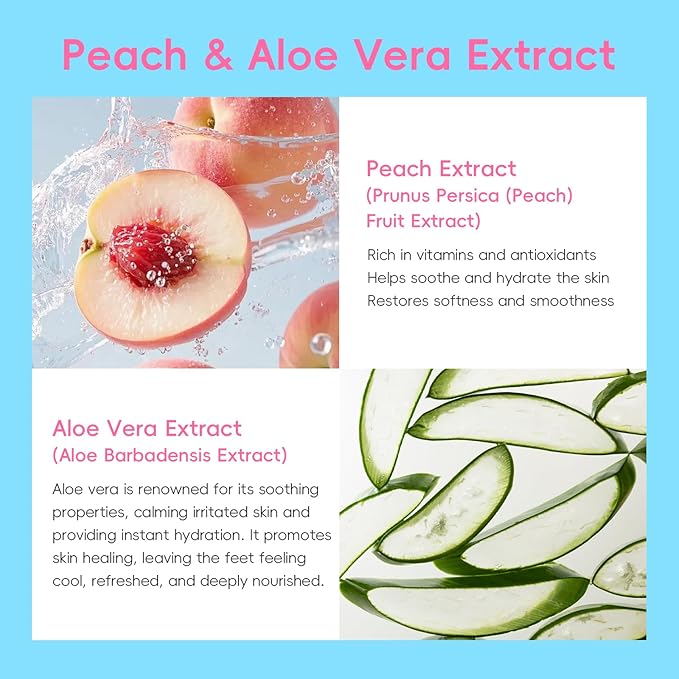 QUIYUM Peach & Aloe Vera Exfoliating Foot Mask, Foot Peeling Mask with Lactic Acid & Urea, Niacinamide & Hyaluronic Acid, for Dry Cracked Feet, Smooth, Glow, Soften, 6 Pairs, Stocking Stuffers