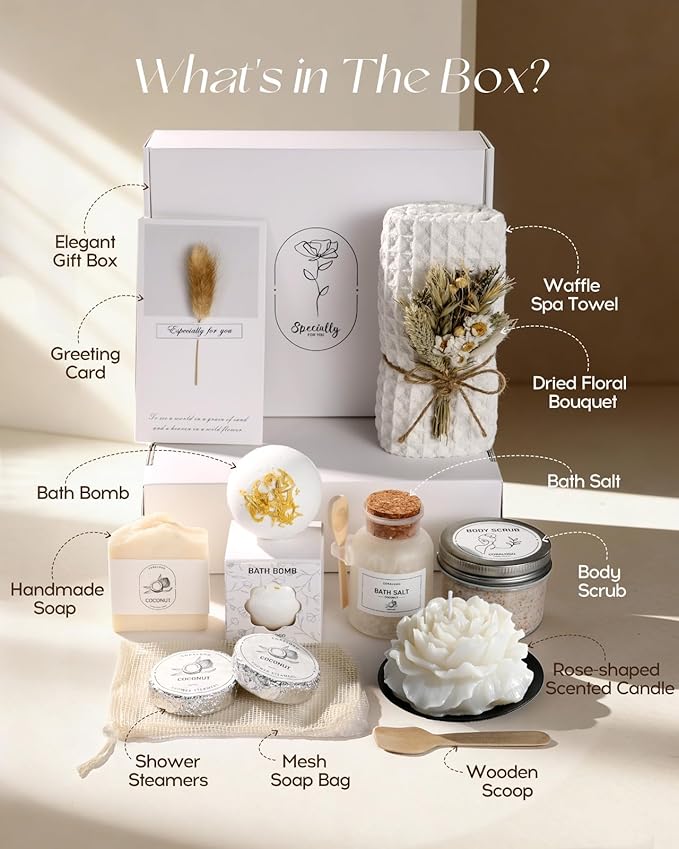 Coconut Spa Gifts for Women - 12pc Self-care Spa Gift Basket with Bath Salt, Greeting Card - Thinking of You Basket for Her Birthday, Christmas, Mother's Day, Valentine's Day