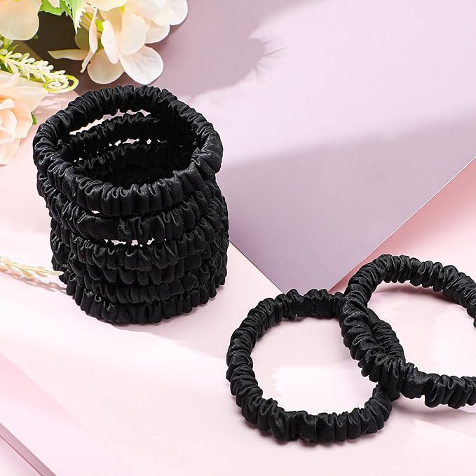 Chuangdi 9 Pieces 100% Mulberry Silk Scrunchies for Long Hair Silk Hair Ties Scrunchies for Women Girls Elastic Ponytail Holders with Gift Box(Classic Style,Black)