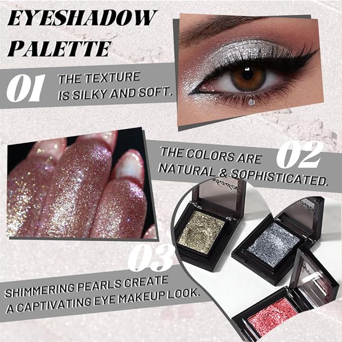 WanTuoluo Sparkly Eyeshadow Palette for Women, Single Monochrome Eye Shadow Makeup, Shiny Pressed Cream Powder, Blendable Natural sombras para ojos, Holographic,Vegan,Travel (03-Glitter-Silver White)