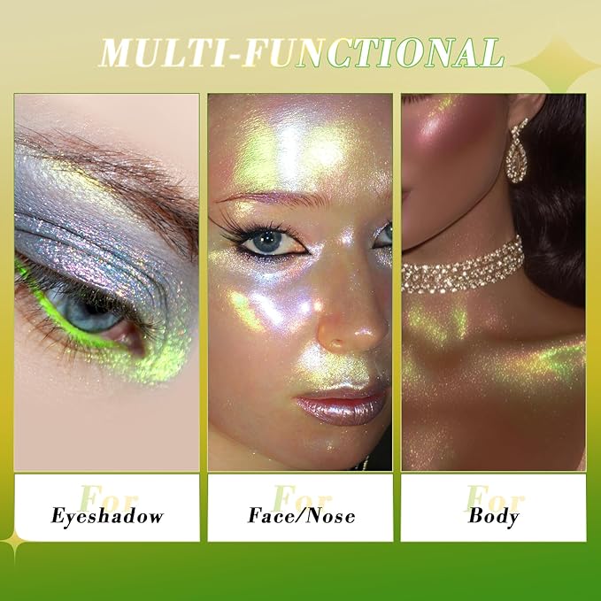 Half Magic Glitter Eyeshadow, Multi Glitter chameleon eyeshadow, 3 Color Gold-Yellow-Green Iridescent Holographic Cream Eye Shadow, #05