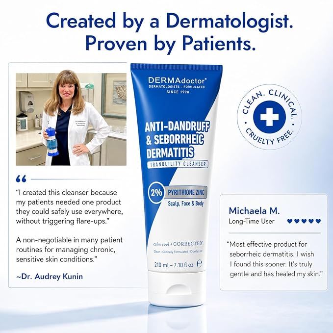 DERMAdoctor 2% Pyrithione Zinc Anti-Dandruff Shampoo & Multi-Use Liquid Face Wash for Seborrheic Dermatitis, Itchy Flaky Scalp, Beard & Body, Fragrance-Free Sulfate-Free Sensitive Skin, 7.1 fl oz