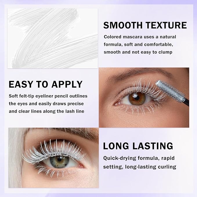 White Mascara for Eyelashes,5D Colored Mascara Volume and Length Waterproof,Natural Curling for Women Eye Makeup