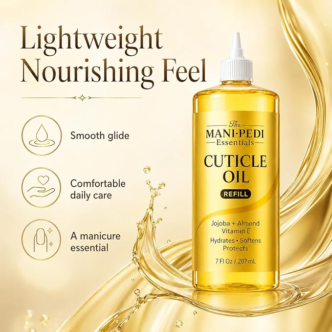 Professional Cuticle Oil Refill/Bulk Pack with precision nozzle for easy refilling - 7 Fl Oz. Enriched with Jojoba Oil, Vitamin E & Sweet Almond Oil. Nail Tech Supplies for Nourished Nails & Cuticles