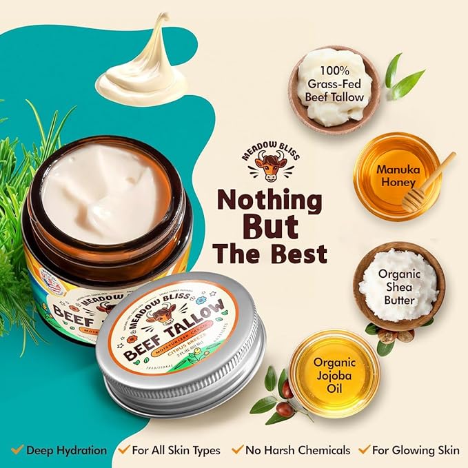 Meadow Bliss Beef Tallow for Skin - Moisturizer Cream - 100% Grass Fed - Whipped Beef Tallow - Manuka Honey - Organic Jojoba Oil, Shea Butter - Supports Eczema, Rosacea - USA - Fragrence Free - 4 oz
