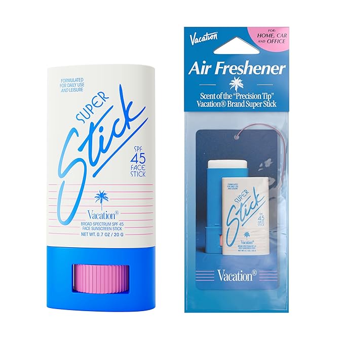 Vacation Super Stick SPF 45, Clear Sunscreen for Face & Air Freshener Bundle, Travel Size Sunblock, Facial Sunscreen Stick with Hyaluronic Acid, Daily Sun Protection, Vegan, 0.7 Oz