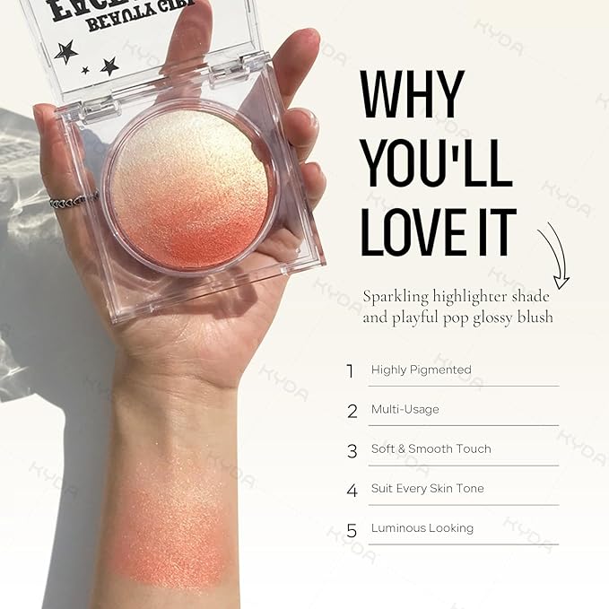 KYDA Baked Blush, Orange Glow Powder for Blush and Highlighter, High Glossy Finish, Lightweight Blendable Shimmer Blusher, Multiuse Baked Powder, 0.53 oz
