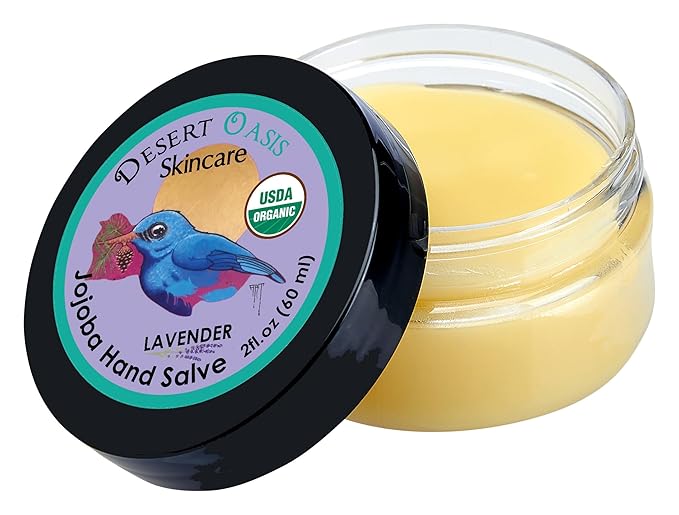 | USDA Organic Lavender Hand Salve – Over 50% Jojoba Oil with Beeswax & Avocado Oil – Helps Soothe & Soften Dry, Cracked Hands, Feet & Cuticles – 2 oz (60 g)