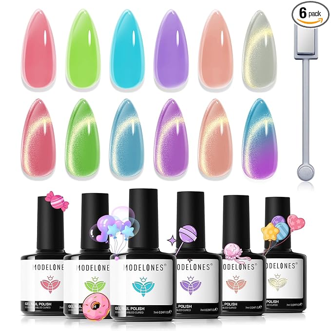 modelones Cat Eye Gel Nail Polish, 6 Colors Jelly Neon Set with Magnet Sparkle Galaxy Series Nail Gel Polish Kit Soak Off Led Nail Art Manicure Salon DIY Gifts