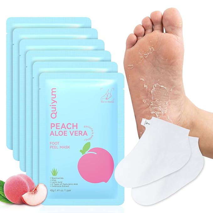QUIYUM Peach & Aloe Vera Exfoliating Foot Mask, Foot Peeling Mask with Lactic Acid & Urea, Niacinamide & Hyaluronic Acid, for Dry Cracked Feet, Smooth, Glow, Soften, 6 Pairs, Stocking Stuffers