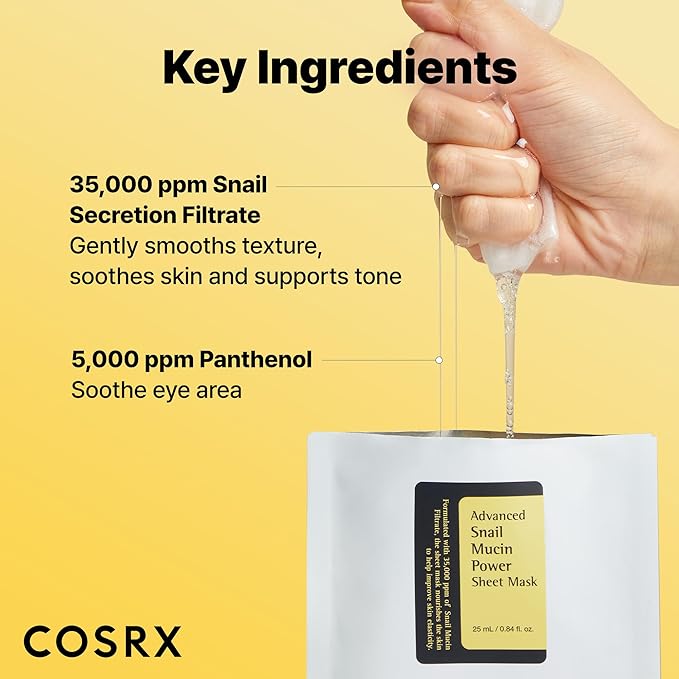 COSRX Snail Mucin Sheet Mask 10 EA with Snail Mucin Serum, Hydrating Face Sheet Masks for Dry & Sensitive Skin, Korean Face Mask, Korean Skin Care