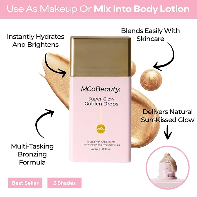MCoBeauty Super Glow Golden Drops - Radiant Shimmer Liquid Luminizer - Hydrating Highlighter Makeup for Face with Niacinamide Hyaluronic Acid Jojoba Oil Squalane Cacao Extract - Vegan & Cruelty Free