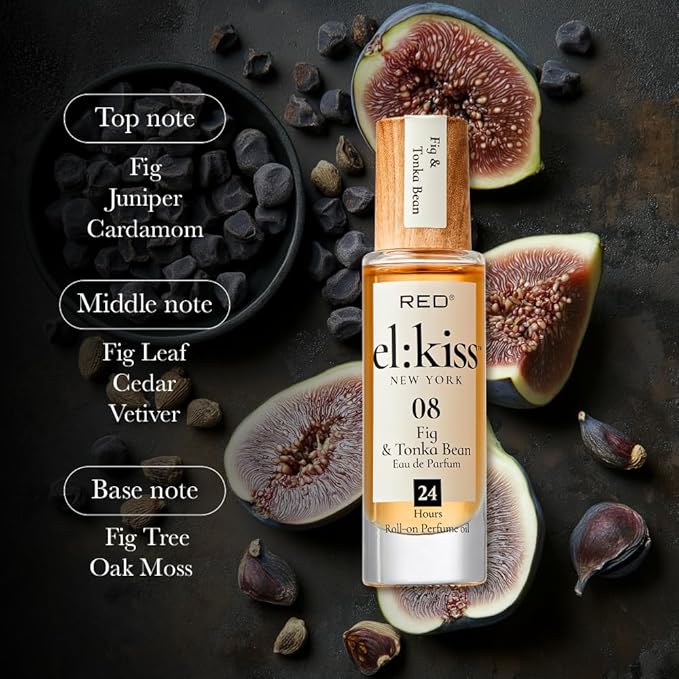 EL:KISS Roll On Perfume, Fig & Tonkin Bean Eau de Parfum 12mL (.40 Fl Oz), Hydrating & Long-Lasting, Alcohol-Free & Mineral Oil-Free, Infused with Jojoba, Argan & Coconut Oil