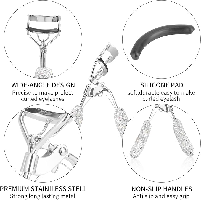 Bling Rhinestone Eyelash Curlers Stainless Steel Natural and Long Lasting Eyelash Fit for All Eye Shape Curved Lash Curler (White)