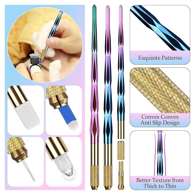 ATOMUS Microblading Pen Kit 2pcs Tattoo Eyebrow Lip Manual Pen 10pcs 18U Eyebrow Microblades 10pcs Pigment Holder with Sponge