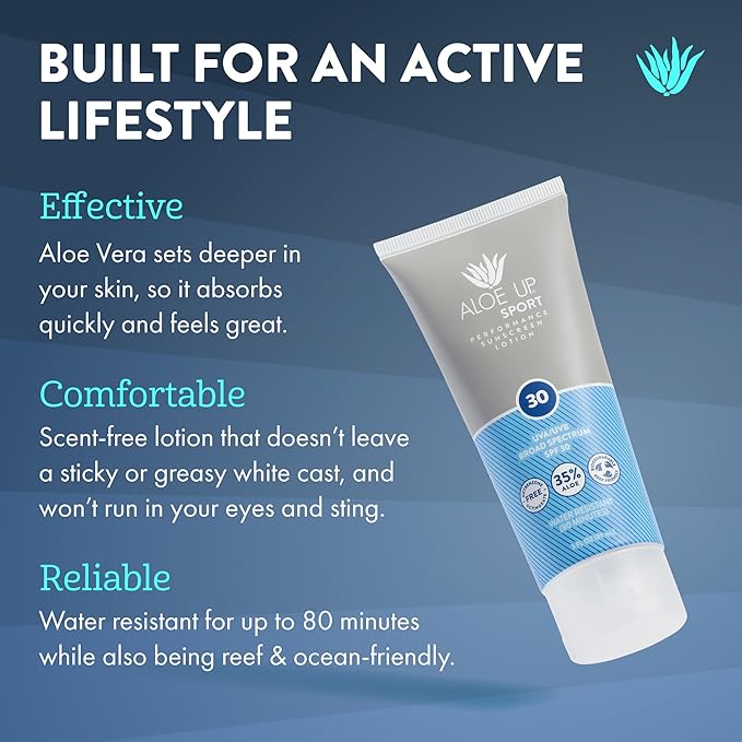 Aloe Up Sport Sunscreen Body Lotion SPF 30 | Broad Spectrum Sunblock Aloe Vera Gel | Non-Greasy,Skin Sun Protection, No White Cast | Reef Friendly, Water Resistant 80 Minutes | Fragrance-Free, 3 Oz