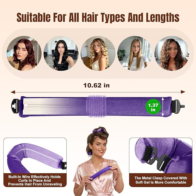 Overnight Heatless Hair Curler, Upgraded with Hair Pad Grippers Satin Jumbo Flexi Blowout Curls Rods, 3pcs No-Heat Styling Tools Curling Rod to Sleep in for All Hair Types - Purple