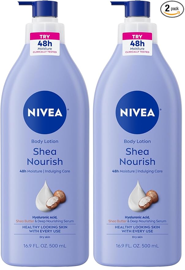 NIVEA Shea Nourish Body Lotion for Dry Skin with Hyaluronic Acid, Shea Butter and Deep Nourishing Serum, 48-Hour Body Moisturizer, 16.9 Fl Oz Pump Bottle (Pack of 2)