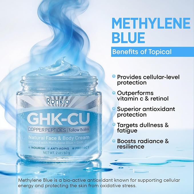 RONKIE GHK-Cu Peptide Cream for Face: Blue Beef Tallow Moisturizer with Copper Peptides Methylene Blue Gentle and Safe for Dry Sensitive Mature Skin 2oz