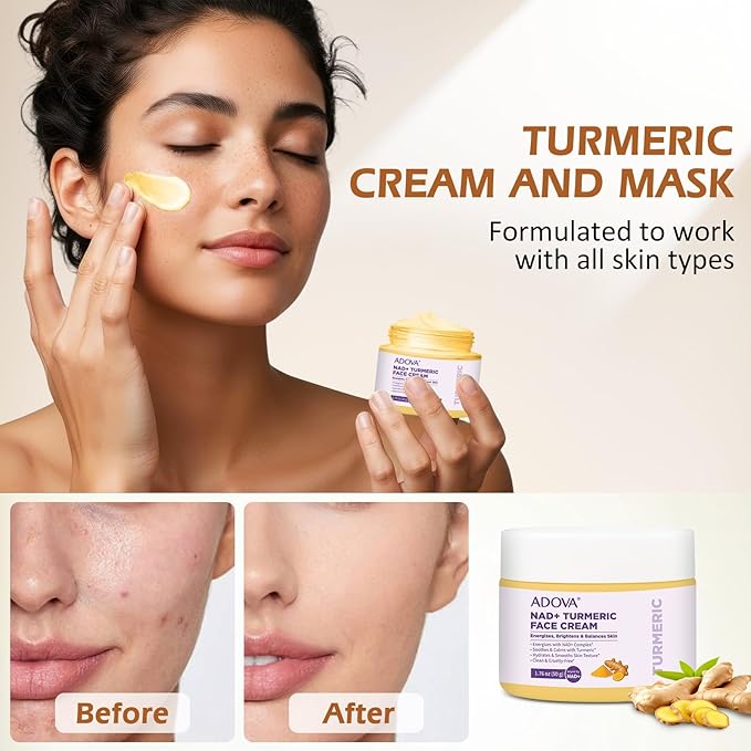 2-Pack All-Natural Turmeric Skin Cream & Nad+ Turmeric Clay Mask, Cleanses Skin, facial Repairand Moisturizing, Lighten Dark Spots, Evens Skin Tone & Anti-Aging