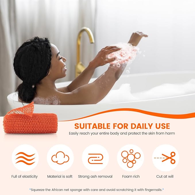 ZOCY African Net Sponge, Authentic Exfoliating Body Scrubber for Bath and Shower, Multiple Textures with Gentle Deep Exfoliating and Rich Lather for All Skins (Orange)