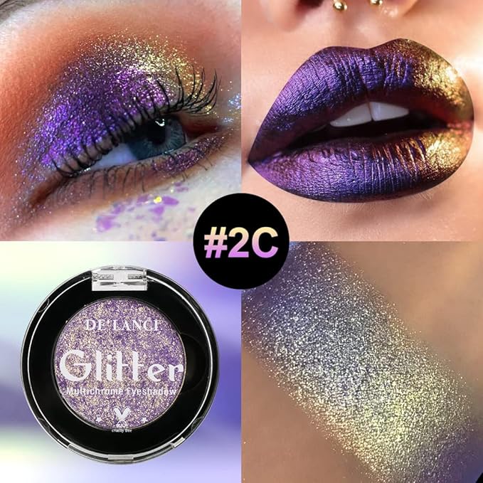 Afflano Single Purple-Gold Eyeshadow Shimmery, Duo Chrome Multichrome Eyeshadow Purple, Holographic Glitter Eye shadow, Color Change Sparkle Chameleon Eye shadow Luminizer Highlighter Makeup