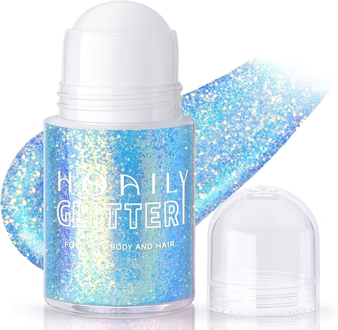 HOSAILY Roll-on Holographic Body Glitter Gel for Face Hair, Chamaleon Light Blue Color Changing Face Paint Glitter Mermaid Makeup, Chunky Sequins Festival Party Rave Accessories Shimmer Makeup