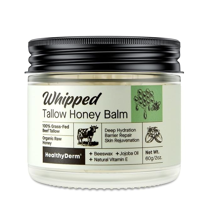 Beef Tallow Honey Balm for Skin: 100% Grass Fed Whipped Organic Moisturizer with Organic Raw Honey, Jojoba Oil, Vitamin E – Natural Face and Body Care for Mature, Dry or Sensitive Skin, 2oz