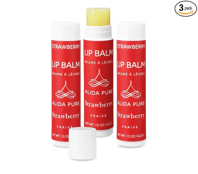 Strawberry Lip Balm Collection, Vegan Set, Beeswax Free, with Organic Jojoba and Avocado Oil, Vitamin E, Natural Moisturizer for Dry, Chapped Lips, 3 Tube Set