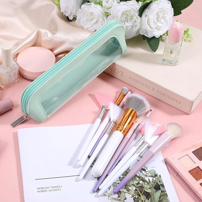 Psyqtsuary Small Clear Makeup Bag, PU Leather Travel Makeup Brush Bag Portable Transparent Waterproof Cosmetic Organizer Pouch with Zipper for Women Home Travel Office Cosmetic Storage (Light Green)