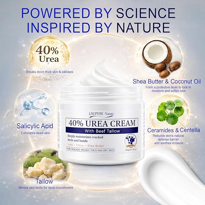 Urea Cream for Feet Cracked Moisturizing: 24H Moisture Maximum Strength Formula for Cracked Heels & Hands - Enriched with 40% Urea Beef Tallow & Salicylic Acid Fast Absorbing - 5 OZ