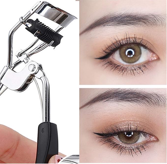 MERVK Stainless Steel Eyelash Curler with Built-in Comb Pinch Pain-Free Suitable for Any Eye Shapes and Sizes, with 5 Silicone Refill Pads (Black)