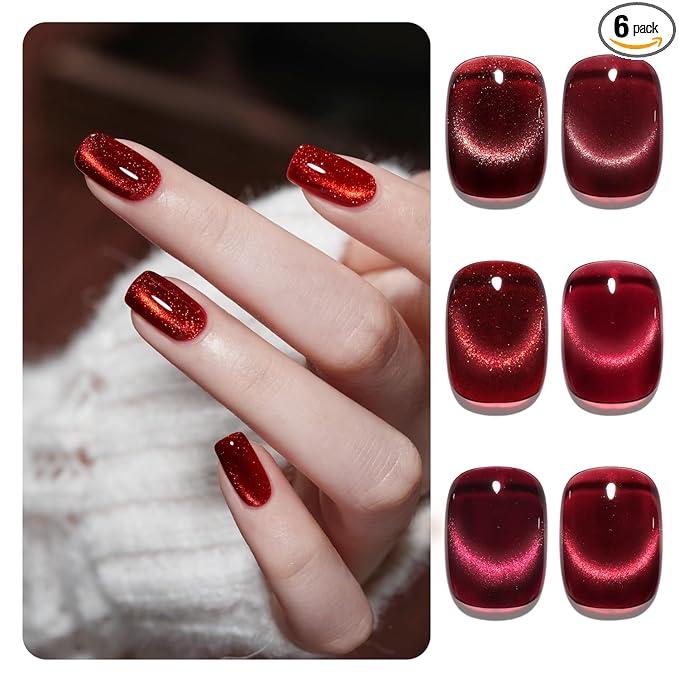 GAOY Jelly Red Glitter Cat Eye Gel Nail Polish Set with Magnet 6 Types of Holographic Cat Eye, Salon Gel Manicure and Nail Art DIY at Home