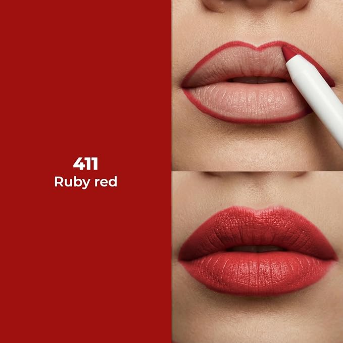 Lamel Gel Lip Liner Pencil - Ruby Red - 2-in-1 Waterproof Lip Liner - 8-Hour Wear, Creamy Texture, Sharpenable, High Pigment - Provides Smooth Finish or Full Coverage - N.411
