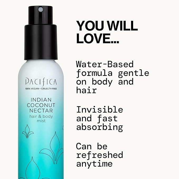 Pacifica Indian Coconut Nectar Hair Mist Perfume & Full Body Spray for Women - Body Mist Fragrance w/Tiare, Sugar, Vanilla, Almond & Amber Clean Beauty Alcohol-Free, Vegan & Cruelty-Free, 5 Oz
